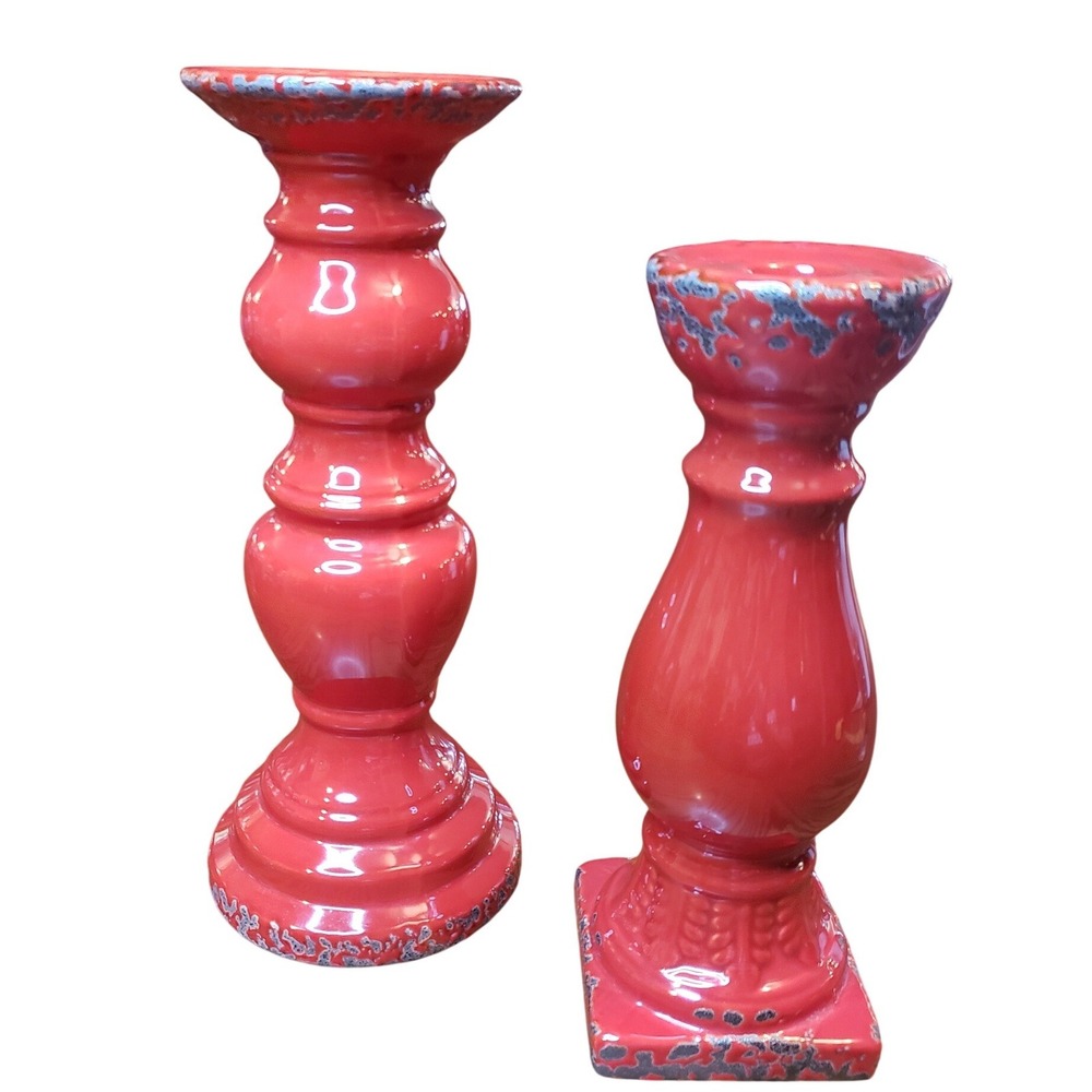 Red Distressed Ceramic Pillar Candle Holder Set of 2 Glossy Rustic 10in 12in